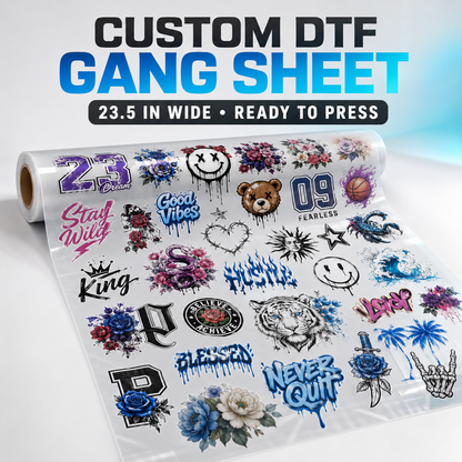 Custom 23.5-inch wide DTF gang sheet transfer ready to press