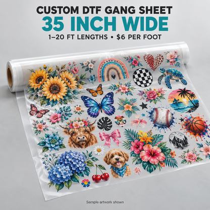 Custom 35-inch-wide DTF gang sheet with sample artwork; 1–20 ft lengths at $6 per foot