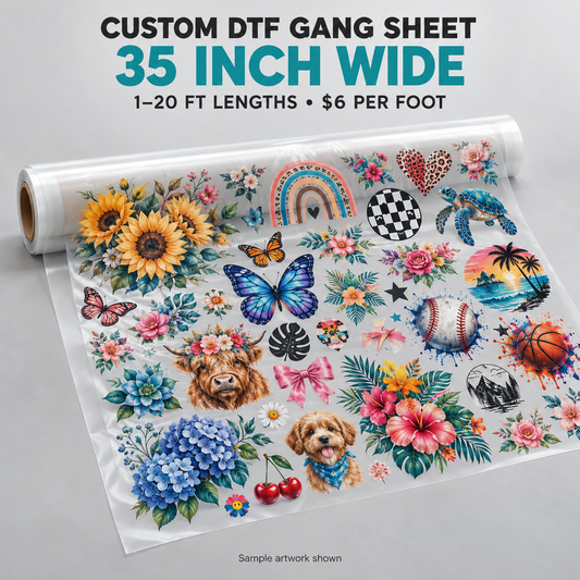 Custom 35-inch-wide DTF gang sheet with sample artwork; 1–20 ft lengths at $6 per foot
