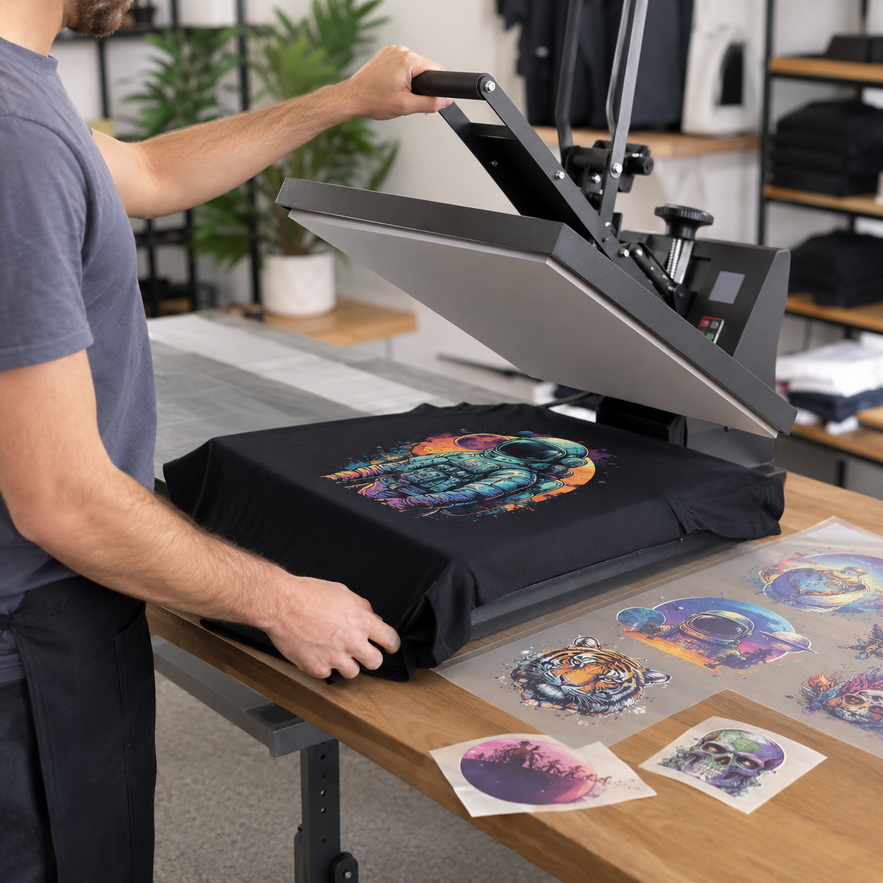 Applying a custom 13.5-inch DTF gang sheet transfer to a black shirt with a heat press