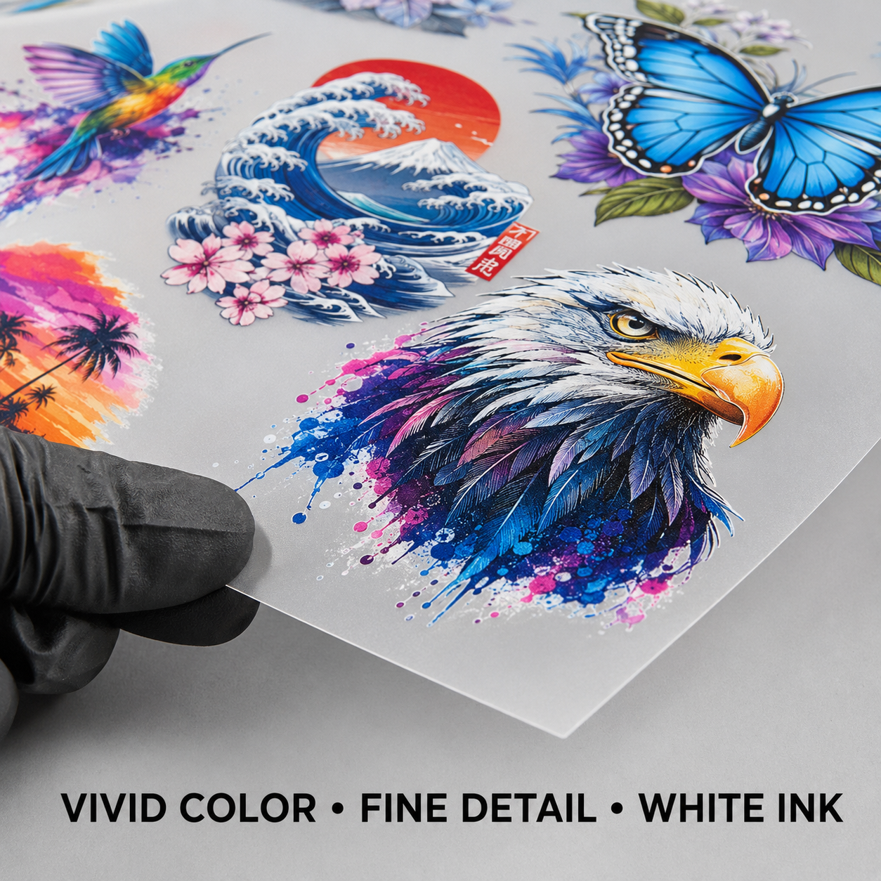 Close-up of vivid custom DTF transfer color fine detail and white ink for 13.5-inch gang sheets
