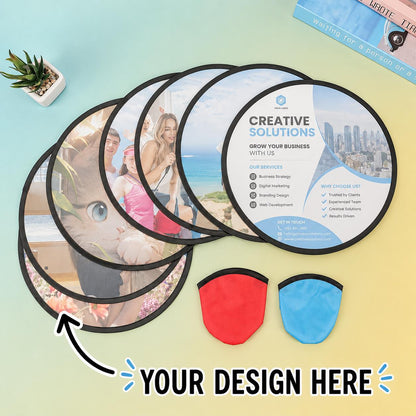 Custom round collapsible hand fans with printed photos logos and storage pouches