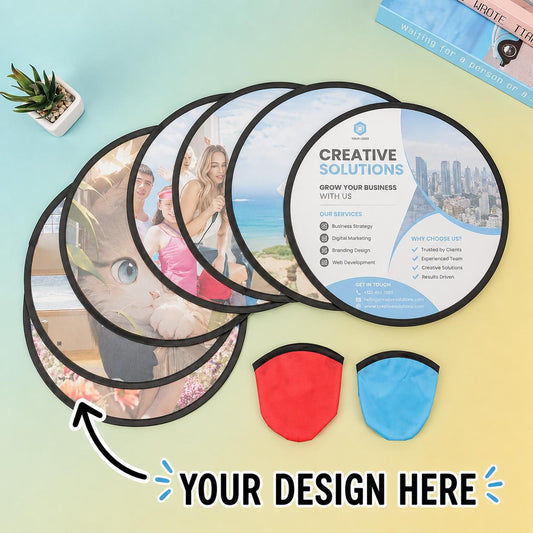 Custom round collapsible hand fans with printed photos logos and storage pouches