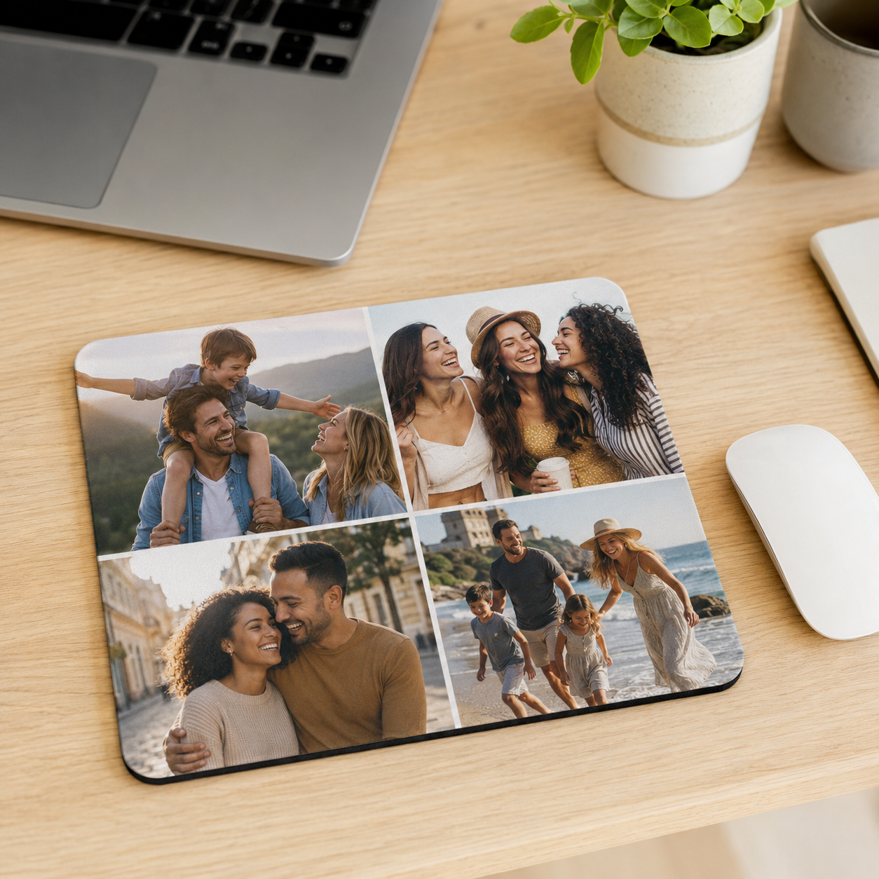 Personalized four-photo collage mousepad on a modern desk