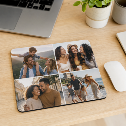 Personalized four-photo collage mousepad on a modern desk