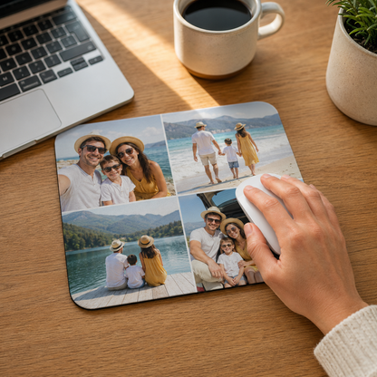 Personalized photo collage mousepad in use at a home office desk