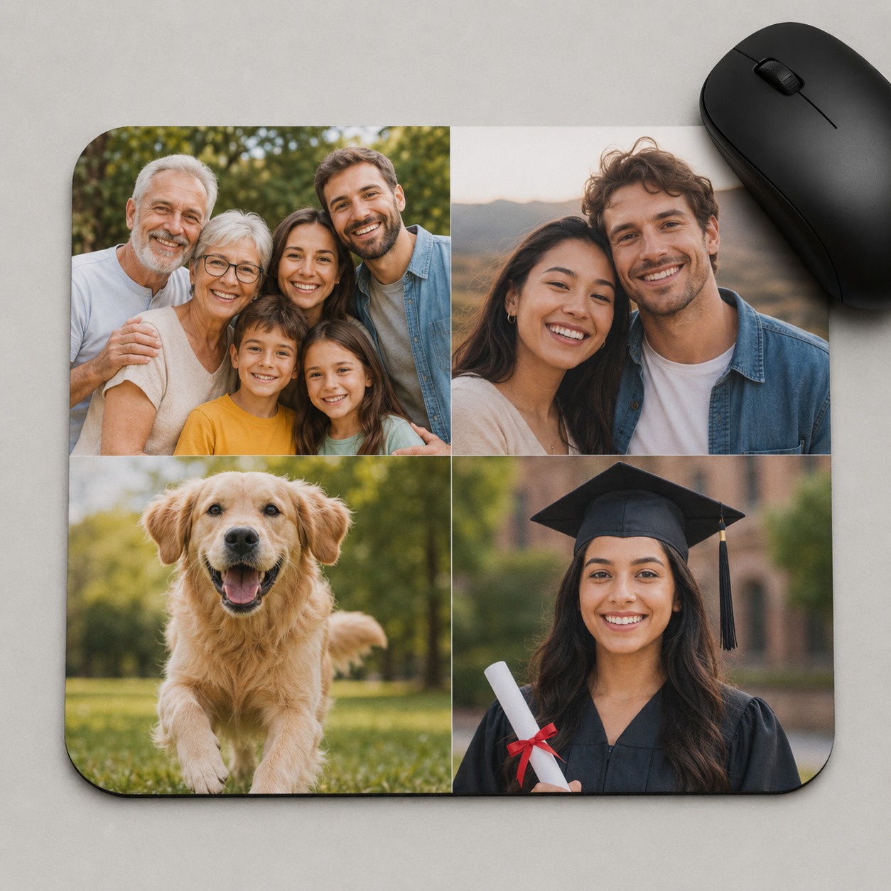 Top view of a custom four-photo collage mousepad