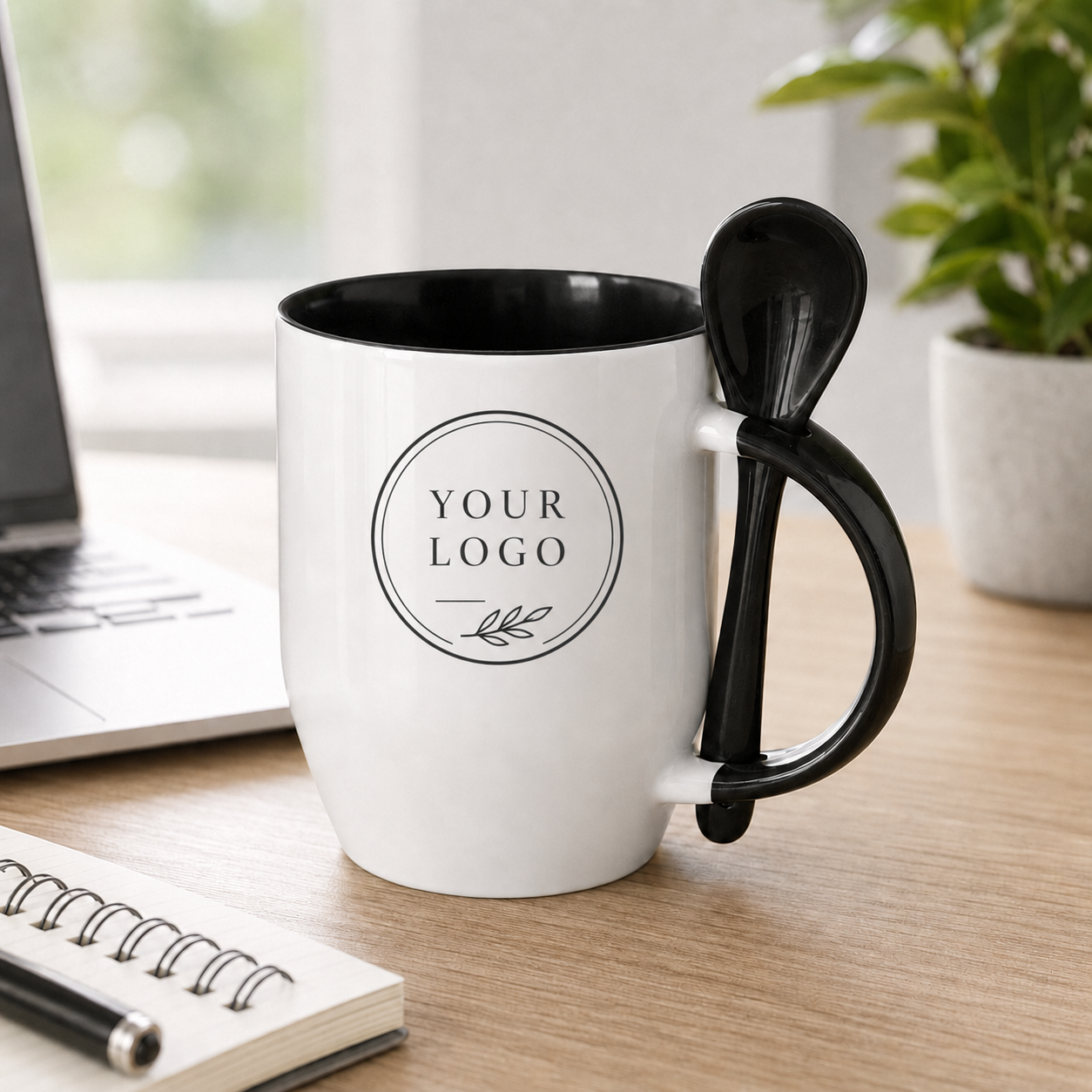 Black accent 12oz ceramic spoon mug with enlarged custom business logo