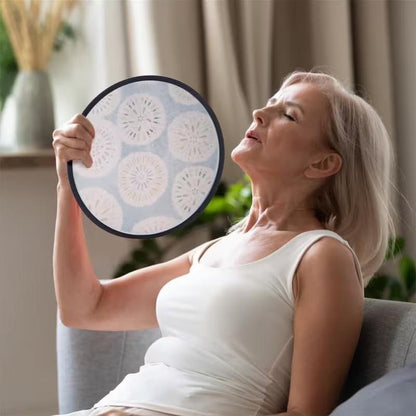 Round foldable disc hand fan printed with a custom pattern