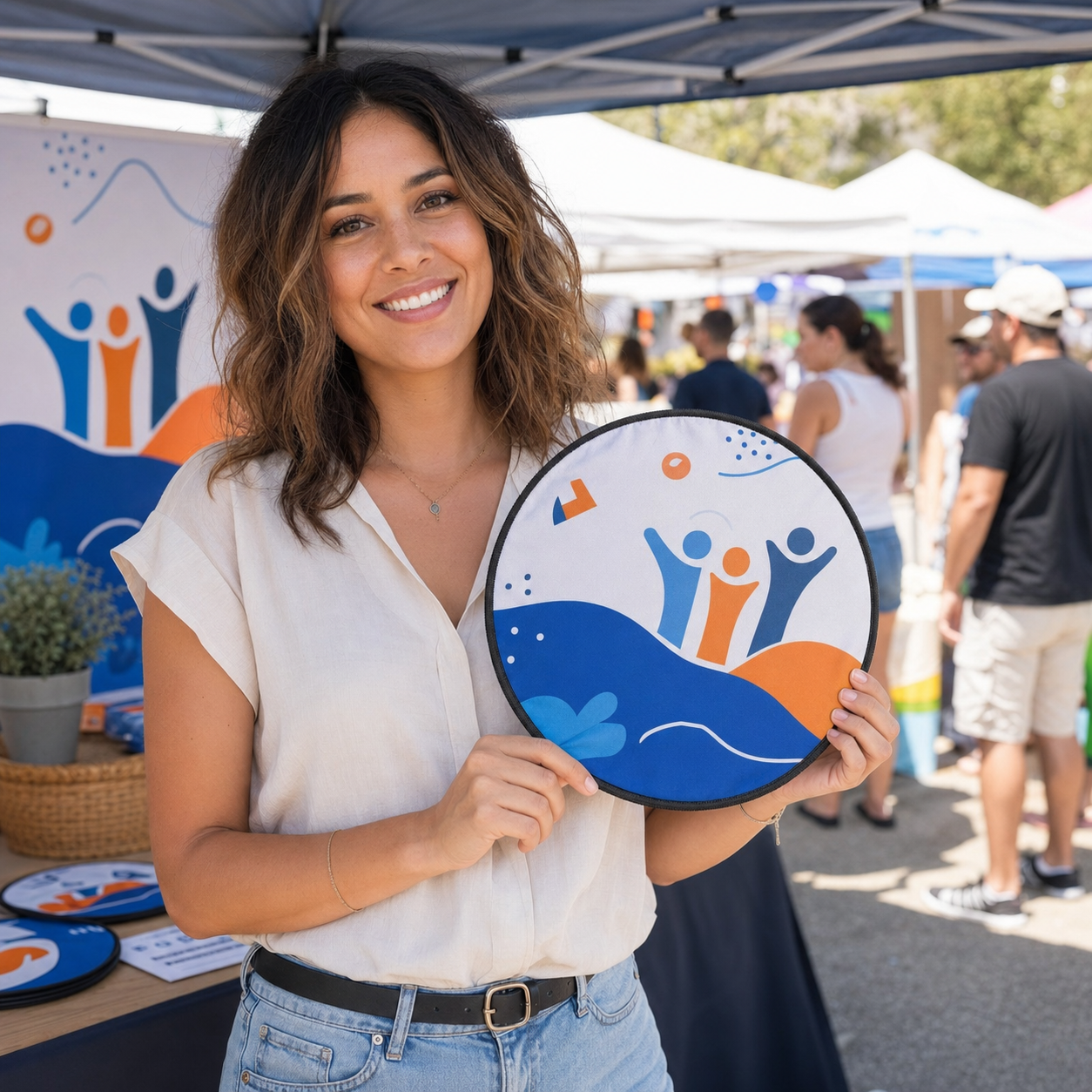 Custom promotional round foldable disc fan used at an outdoor small business event