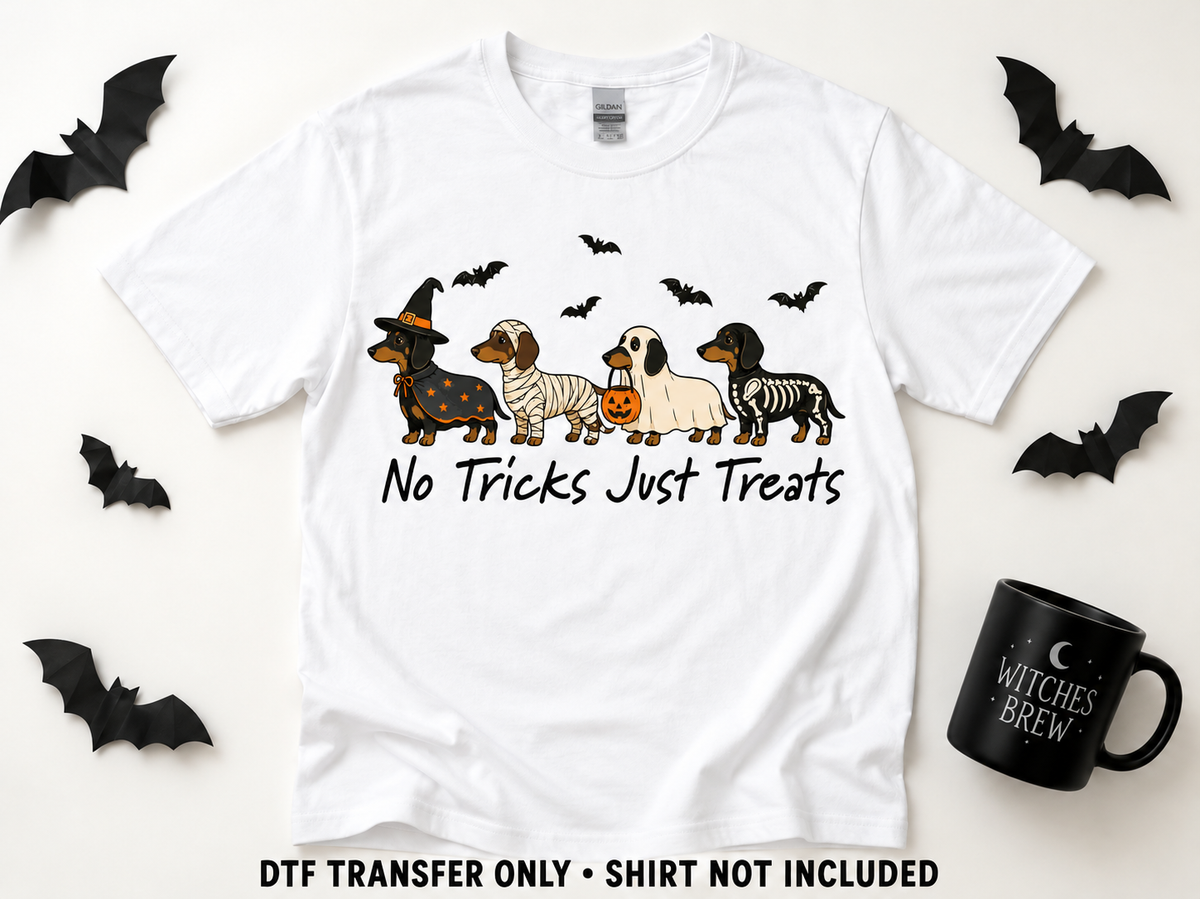 No Tricks Just Treats — Halloween Dachshunds transfer styling mockup — shirt not included