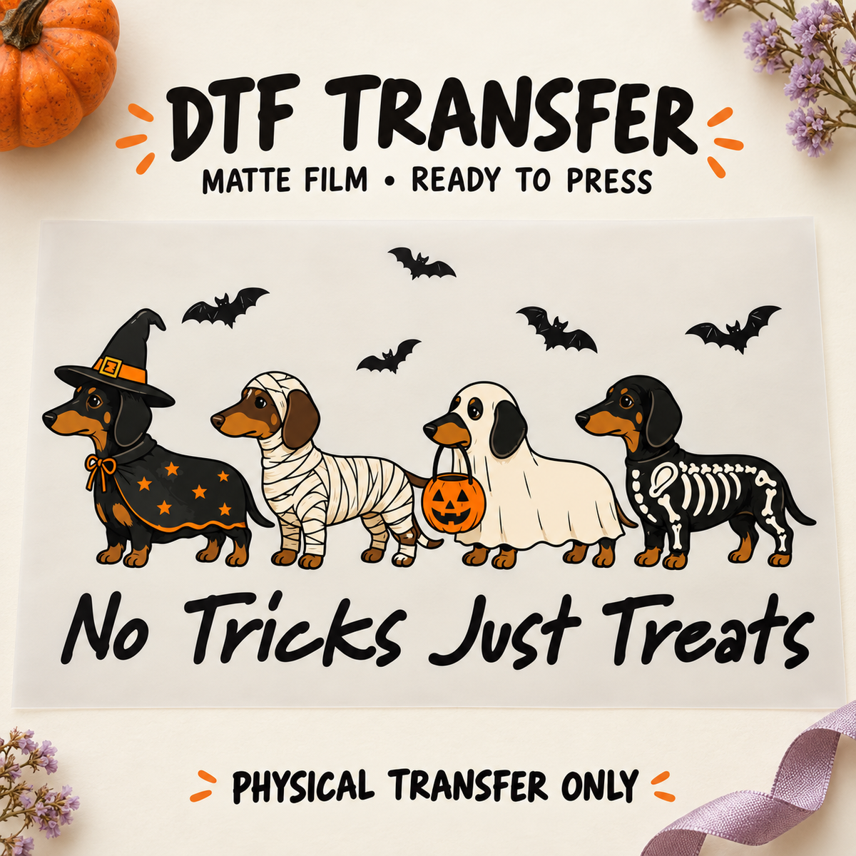 No Tricks Just Treats — Halloween Dachshunds printed beneath matte DTF film