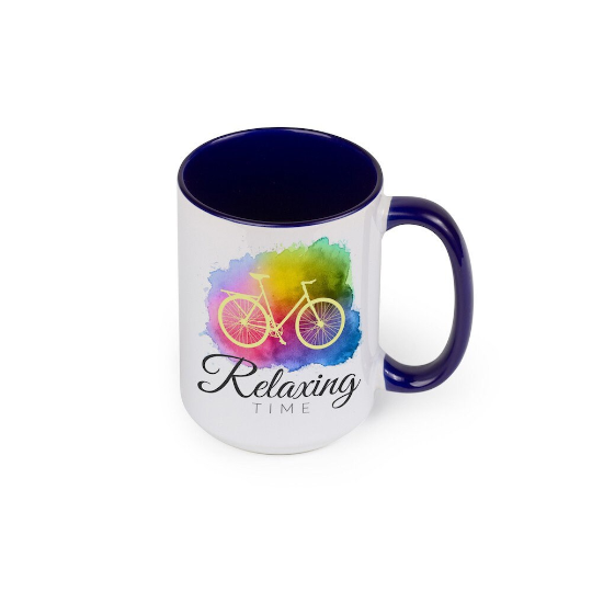 15oz Personalized ceramic coffee or tea mug with colored inner and handle Blue - add your design - full color print up to full wrap