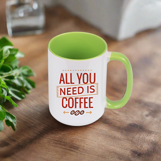 15oz Personalized ceramic coffee or tea mug with colored inner and handle Light green - add your design - full color print up to full wrap