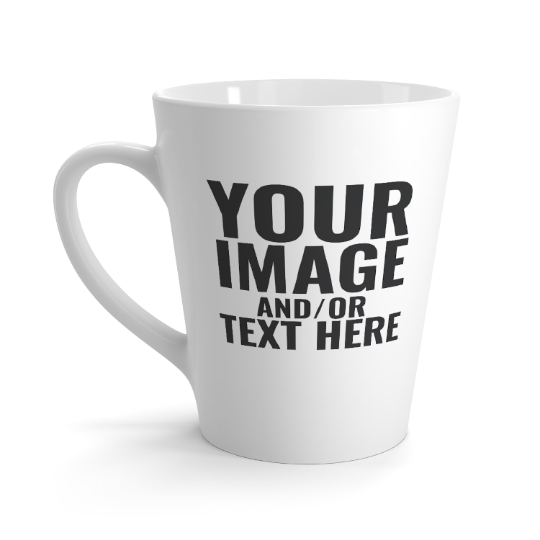 Personalized 12oz white latte custom ceramic coffee or tea mug - add your own photos or logos and text