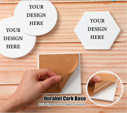 4 pack - Personalized 4 in ceramic coasters with cork backing - 3 shapes - full color print - add your own logo, picture, text or artwork