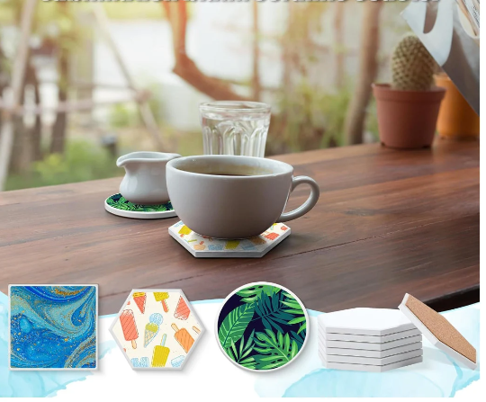 4 pack - Personalized 4 in ceramic coasters with cork backing - 3 shapes - full color print - add your own logo, picture, text or artwork