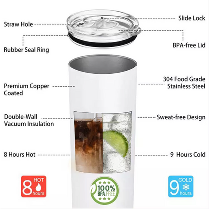 Personalized 20oz Stainless Steel Straight Tumblers with Metal Straw and Rubber Bottom - add logos pictures or all over design