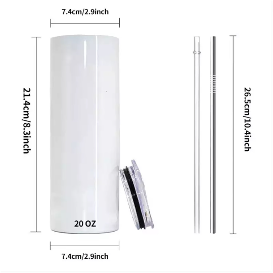 Personalized 20oz Stainless Steel Straight Tumblers with Metal Straw and Rubber Bottom - add logos pictures or all over design