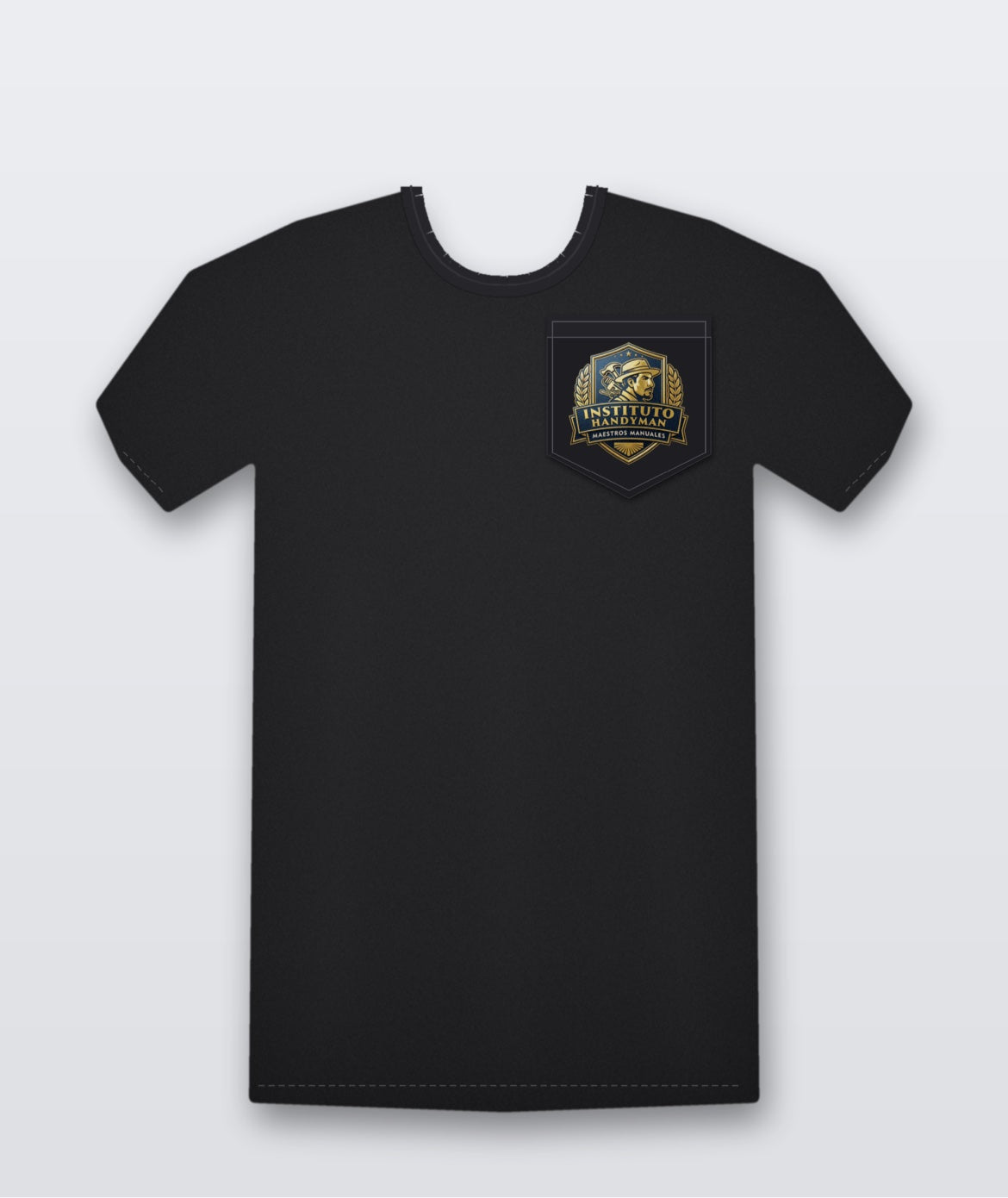 Black t-shirt front with Instituto Handyman pocket logo print