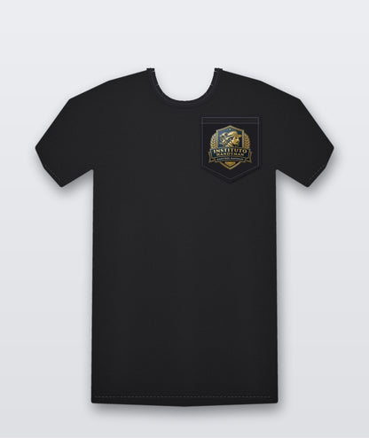 Black t-shirt front with Instituto Handyman pocket logo print