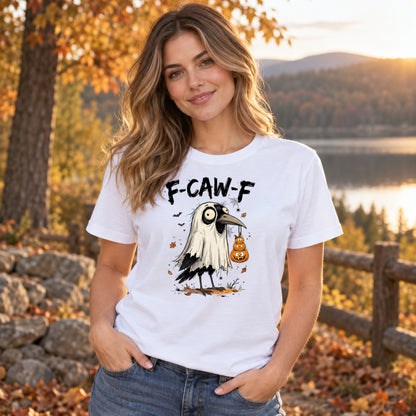 Woman wearing white F-CAW-F raven Halloween graphic shirt