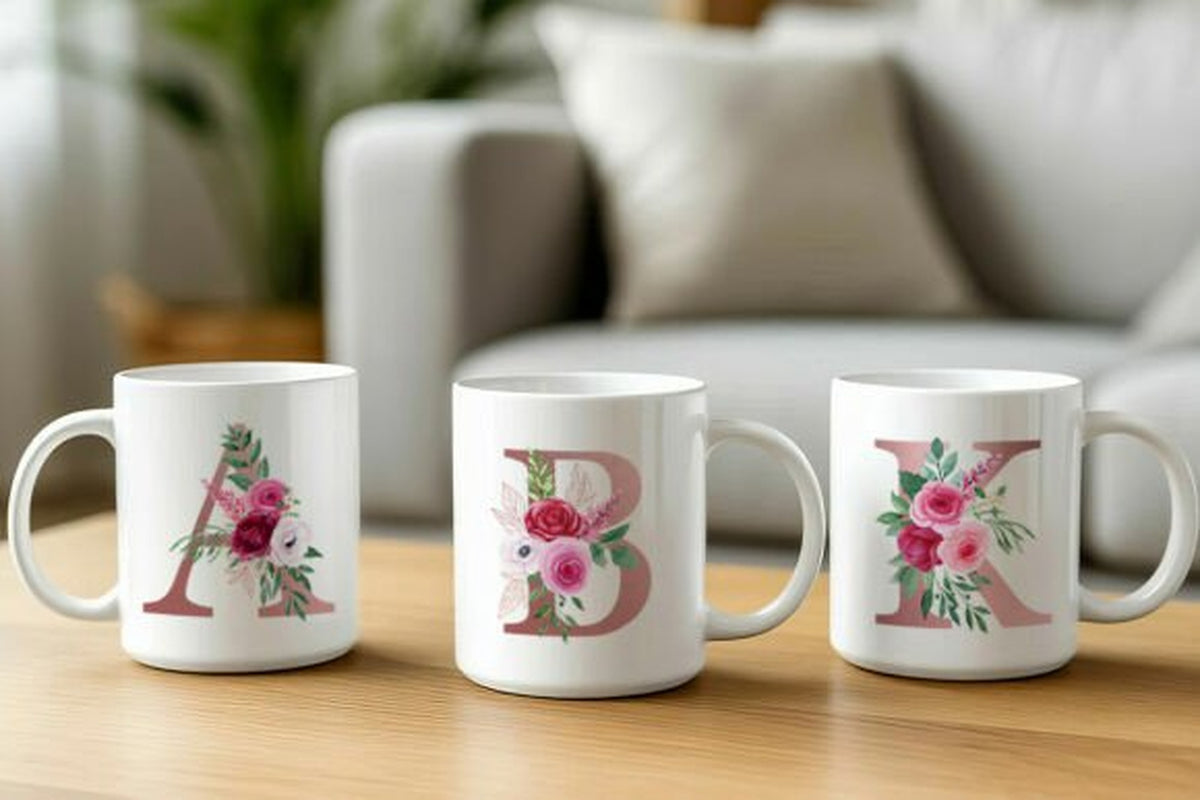 Floral monogram mugs with A B and K initials