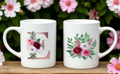 Personalized floral monogram mug with coordinating flower bouquet reverse