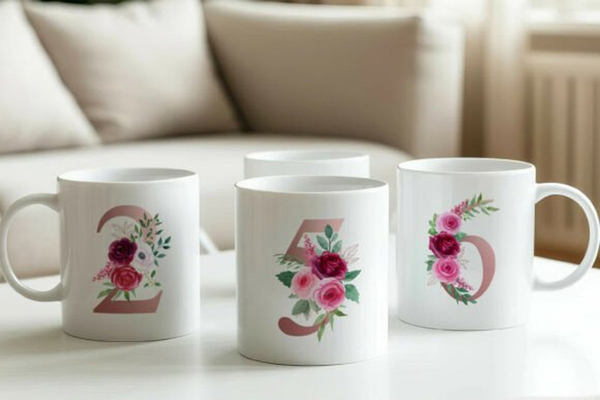 Floral monogram mugs with letters and number examples