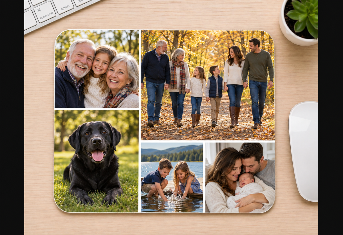 Custom five-photo mousepad with family, children, pet, and newborn photos in the hero gallery layout