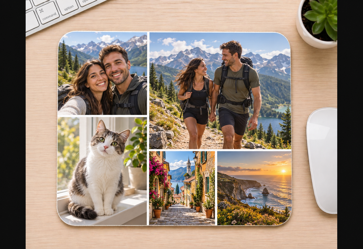 Custom five-photo mousepad with couple, cat, mountain, street, and ocean photos in the hero gallery layout