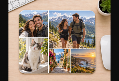 Custom five-photo mousepad with couple, cat, mountain, street, and ocean photos in the hero gallery layout