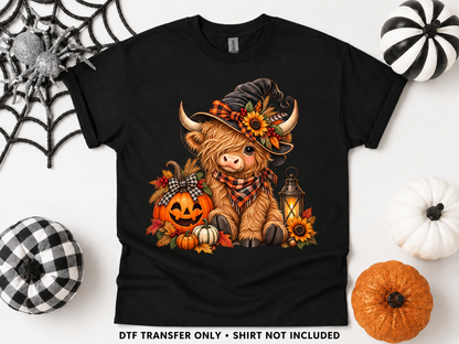 Halloween Highland Cow — Witch Hat & Pumpkin transfer styling mockup — shirt not included