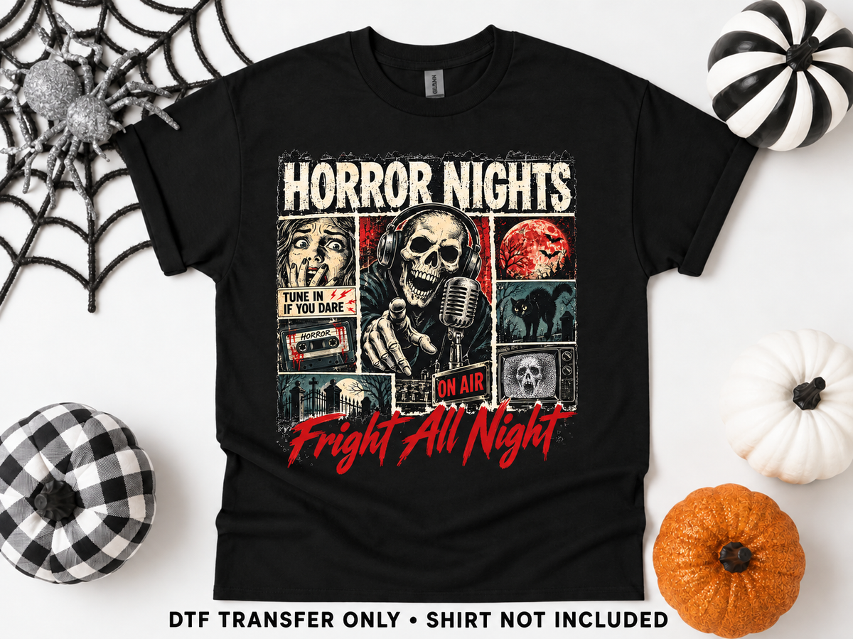 Horror Nights — Retro Skeleton Radio transfer styling mockup — shirt not included