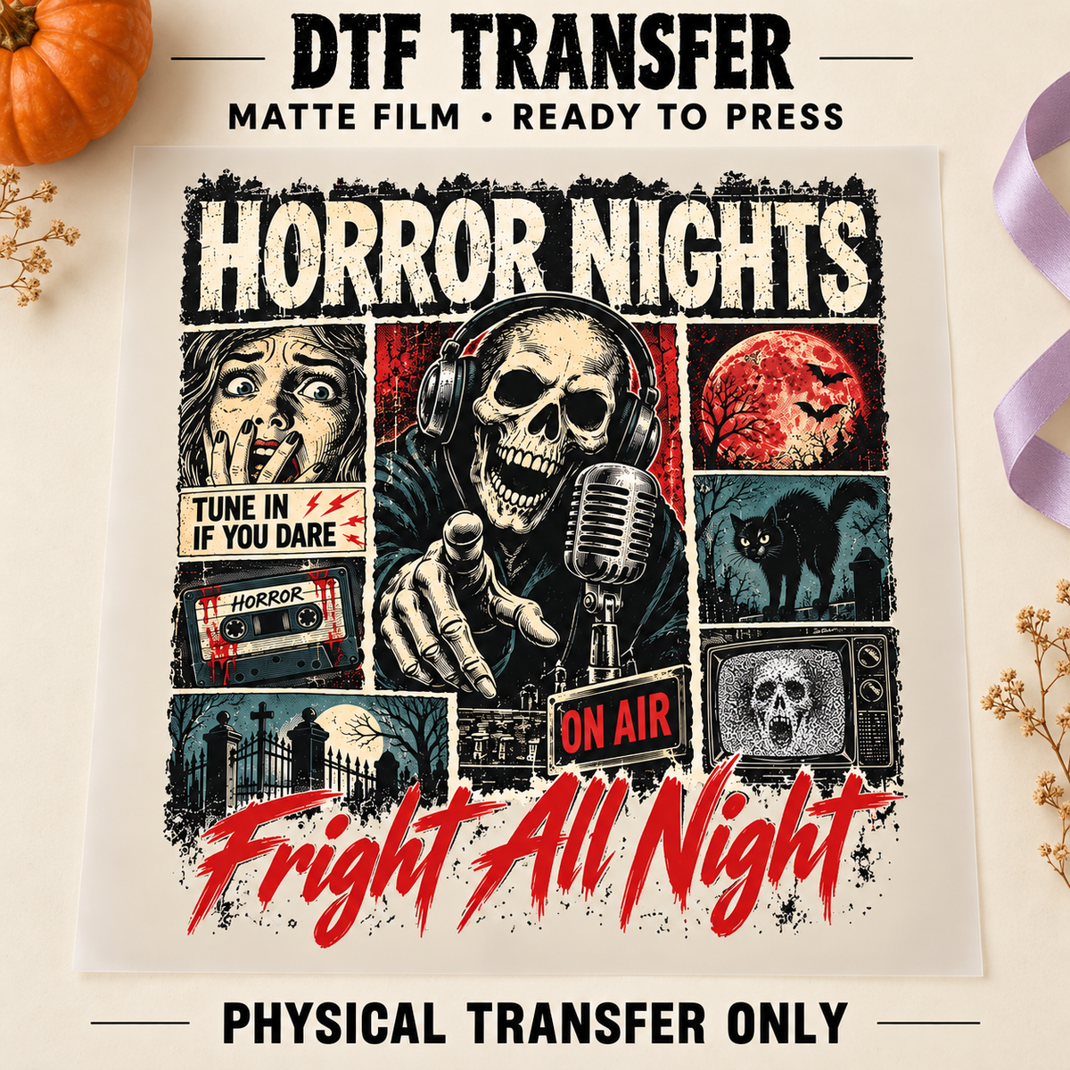 Horror Nights — Retro Skeleton Radio printed beneath matte DTF film
