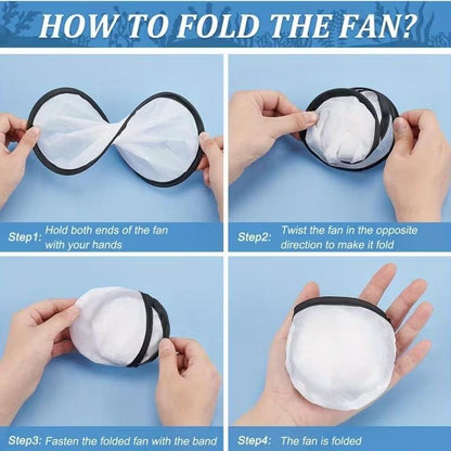 Instructions showing how to twist and fold the collapsible disc hand fan