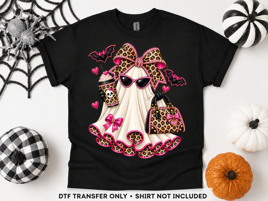 Leopard Glam Ghost — Pink Bow & Handbag transfer styling mockup — shirt not included