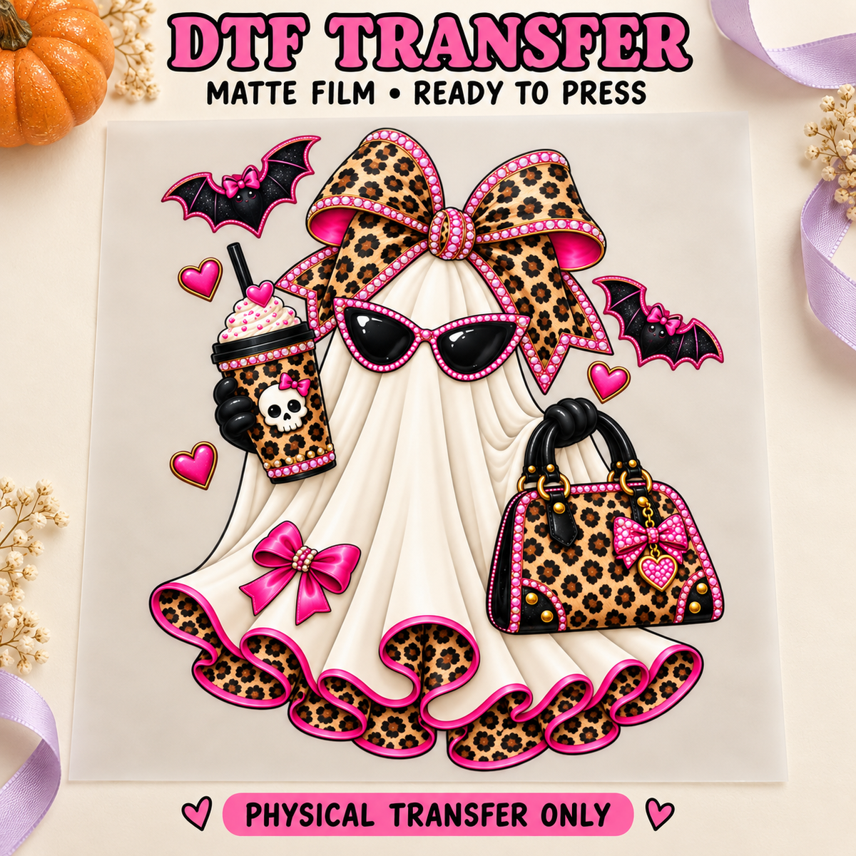 Leopard Glam Ghost — Pink Bow & Handbag printed beneath matte DTF film