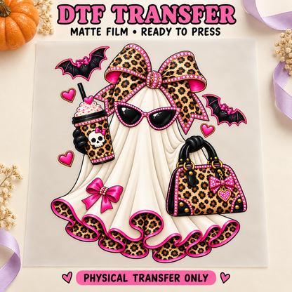 Leopard Glam Ghost — Pink Bow & Handbag printed beneath matte DTF film
