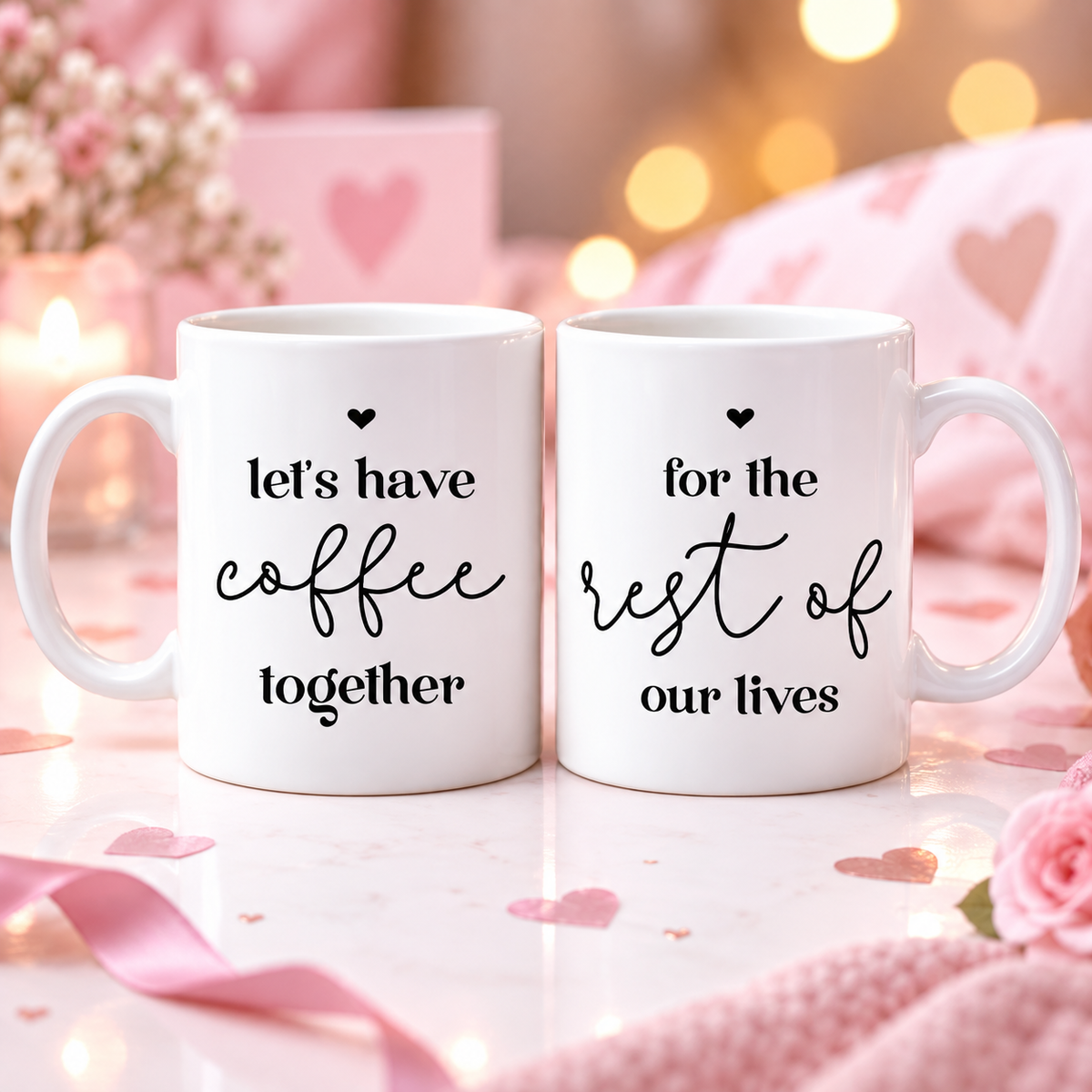 Matching two 11 oz white mugs with coordinating coffee and rest of our lives designs