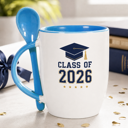 Light blue ceramic spoon mug with Class of 2026 graduation design