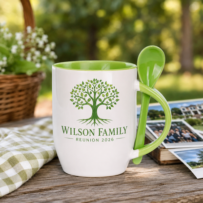 Light green ceramic spoon mug with personalized family reunion design