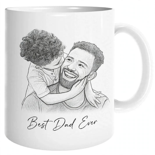 Personalized 11oz white ceramic mug with pencil sketch of dad and child and Best Dad Ever text