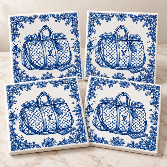 Luxury money bag Dutch blue ceramic tile set of four