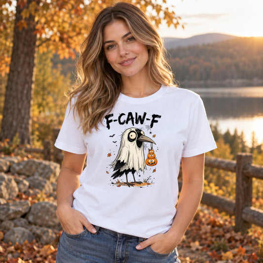 MagicMugsCreations white crew-neck T-shirt with a funny raven ghost graphic, pumpkins, and bats for Halloween.