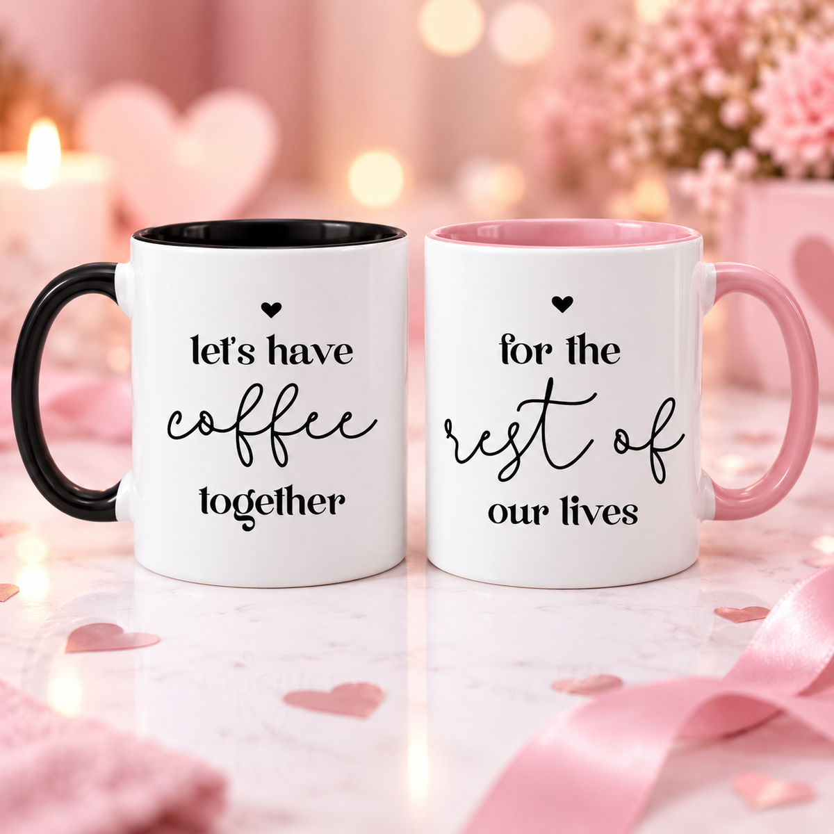 Black and pink inner and handle matching mug set