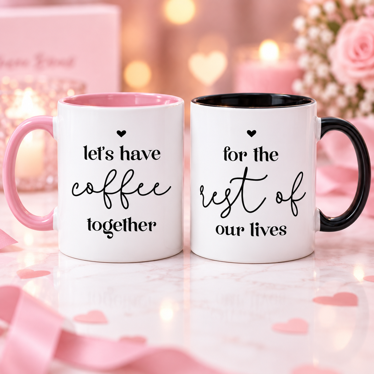 Pink and black inner and handle matching mug set with switched designs