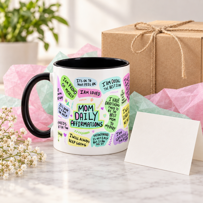 Mom Daily Affirmations mug displayed as a gift for a new mother