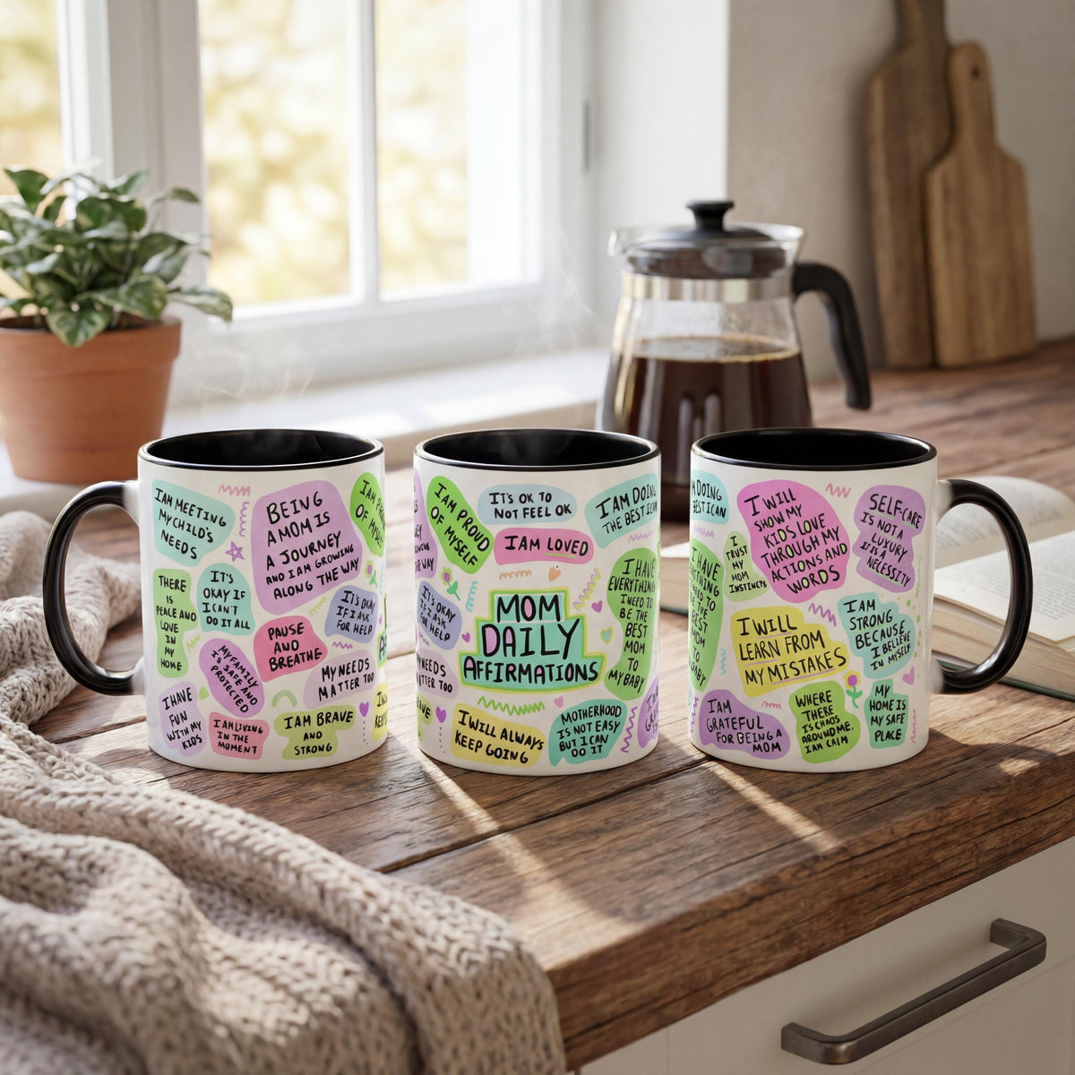 Mom Daily Affirmations black accent mugs lifestyle display