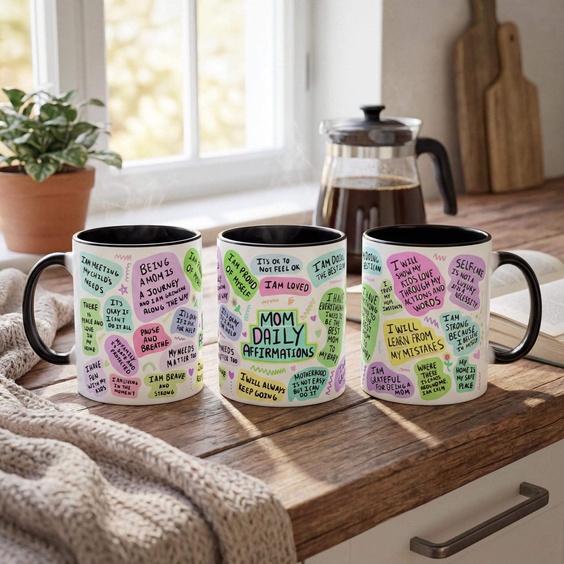 Mom Daily Affirmations black accent mugs lifestyle display